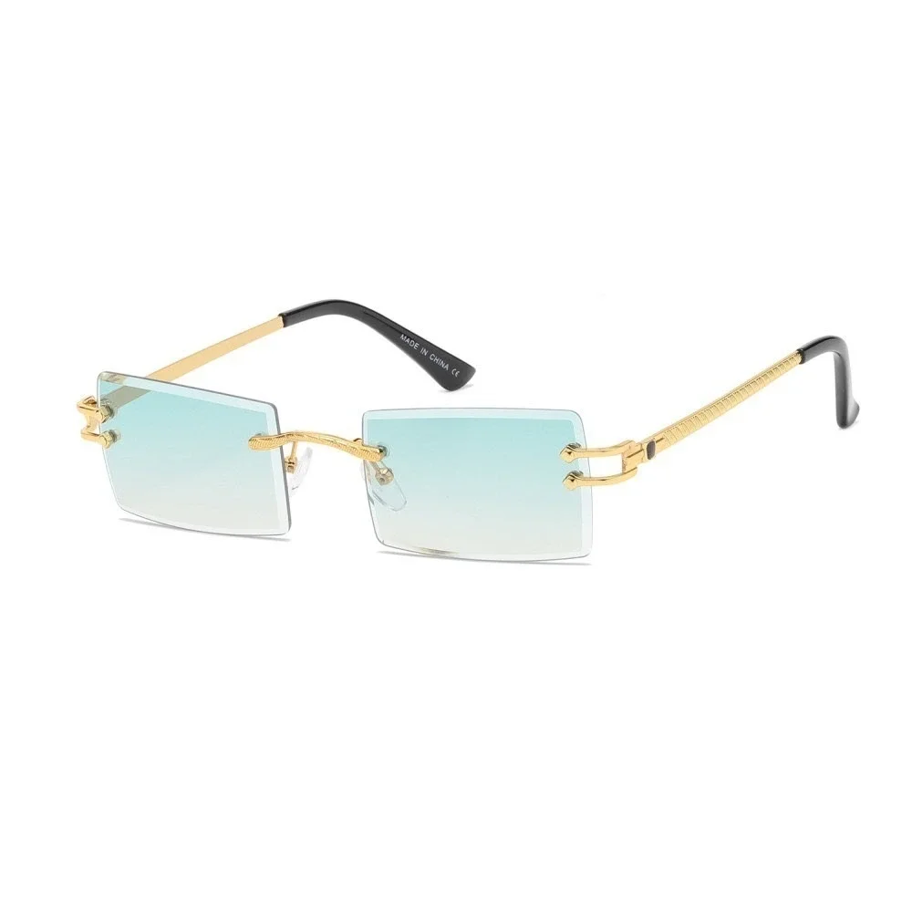 Frameless Square Men Women Sunglasses Gold Frame Green Tint Lens Fashion Eyewear